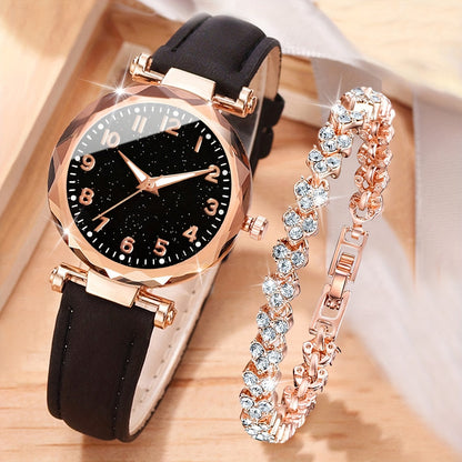 Casual Elegance Set - Quartz Watch with PU Leather Strap and Bracelet