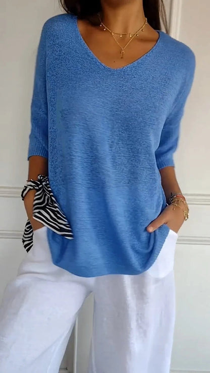 "AuraLuxe V-Neck Knit Top"