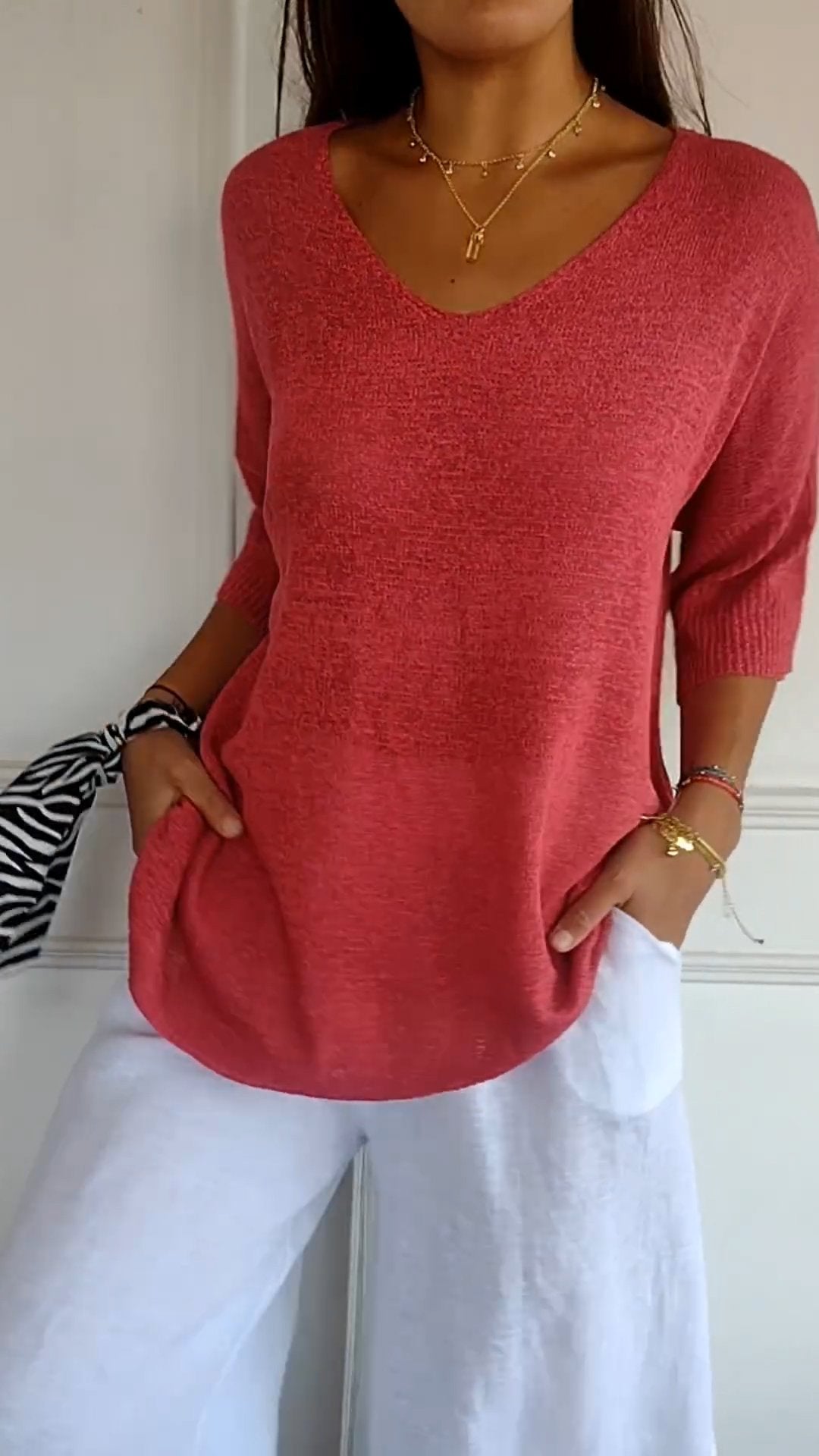 "AuraLuxe V-Neck Knit Top"